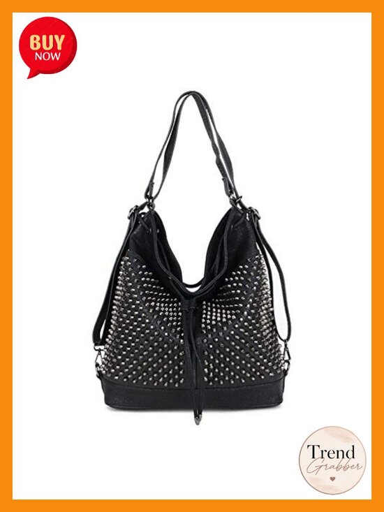 Oversized Studded Vegan Leather Bucket Backpack 3-Way Convertible Shoulder main image 6